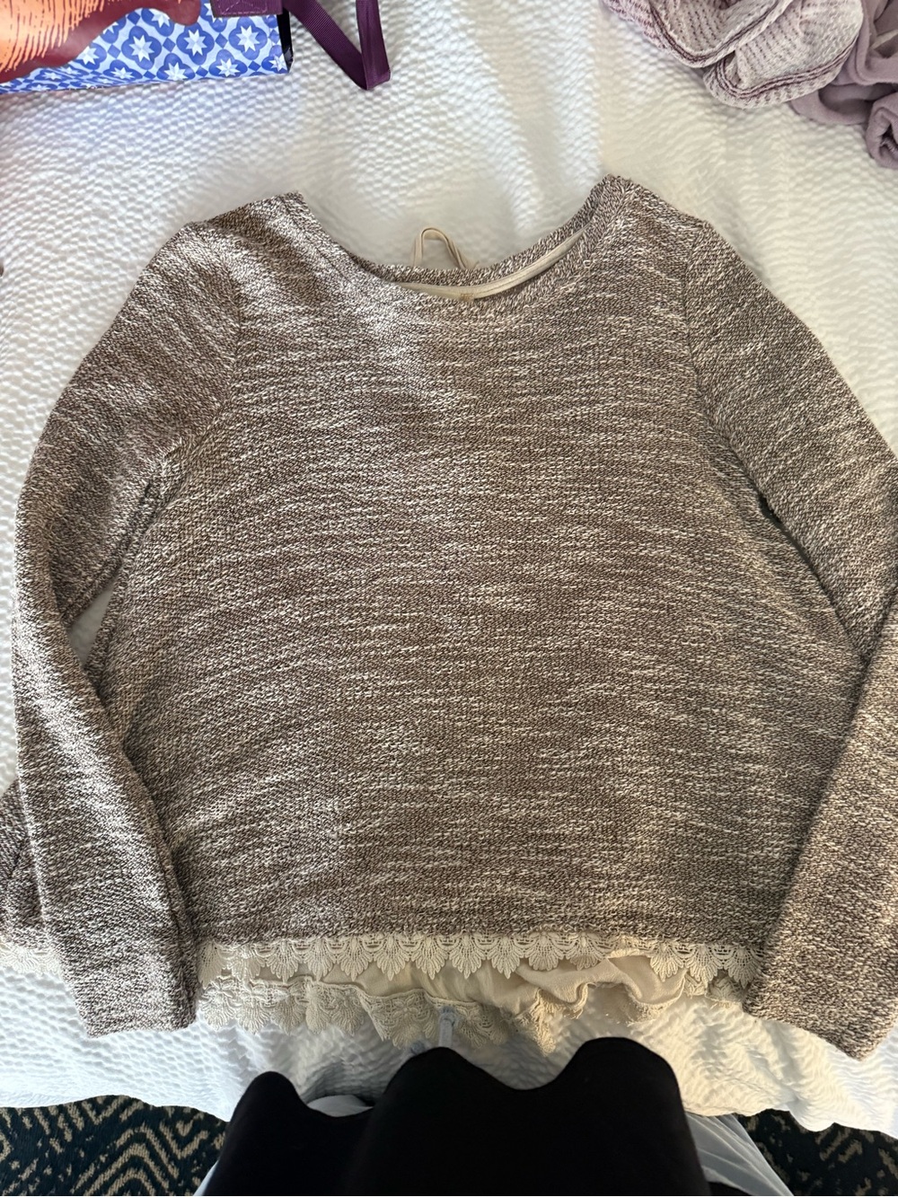 Altar’d State Lace-Hem Crewneck Sweater in Taupe